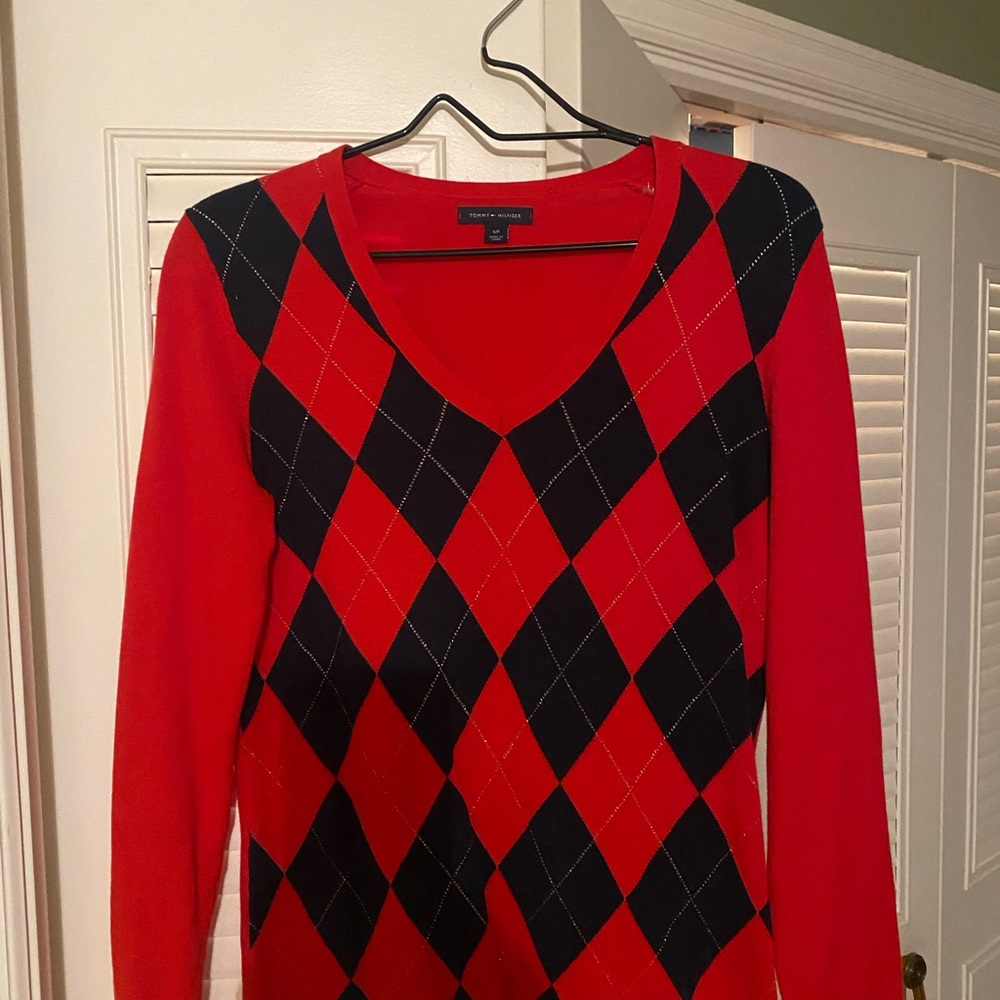 Tommy Hilfiger Red and Black Argyle Sweater Small Like New